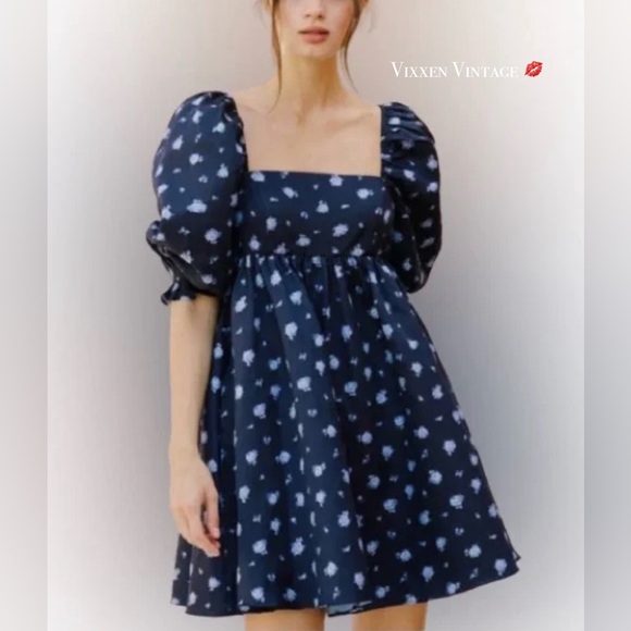Anthropologie Dresses & Skirts - STORIA FLORAL PUFF SLEEVE BABYDOLL DRESS IN NAVY